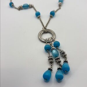 Turquoise Blue Glass Catseye Tassel Station Necklace